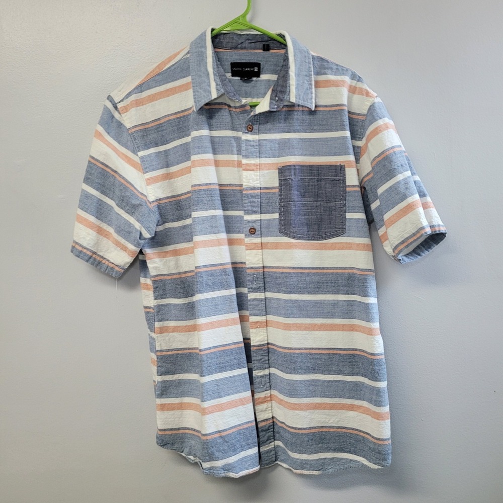Ocean Current Mens XL Striped Button Down Shirt Blue Orange Short Sleeve